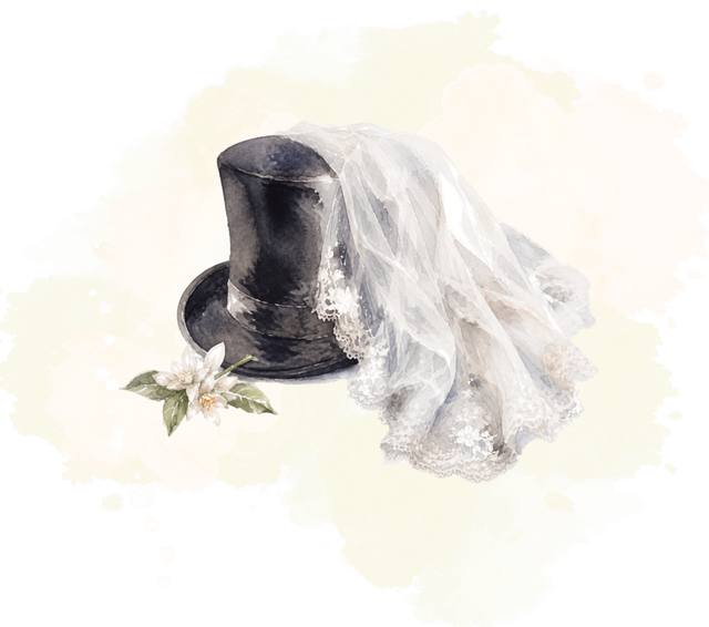 Ilustración de la carta de Las Bodas de Fígaro: una chistera con un velo de novia y una flor de azahar