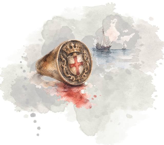 Ilustración de la carta de Simon Boccanegra: un anillo con el escudo de Génova y dos barcos al fondo